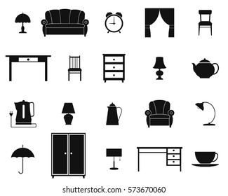 Icon set with furniture and household items. Vector illustration. A white outline against a black background. Flat design. 