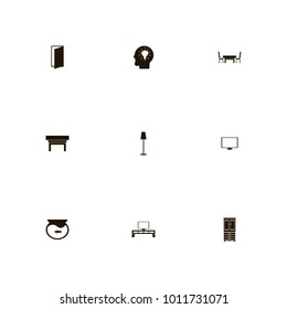 icon set Furniture with light, computer, two chairs and table and aquarium