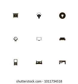 icon set Furniture with settee, desk, nightstand and light