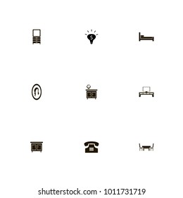 icon set Furniture with tv set and table, nightstand, two chairs and table and tv