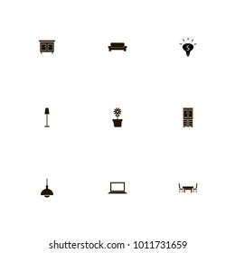 icon set Furniture with two chairs and table, table, lamp and pot