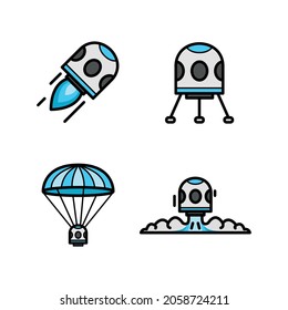 Icon set of futuristic rocket space trip, shuttle galaxy space travel colored line icons.
