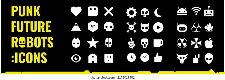 Icono ambientado en estilo futurista, elementos ciberpunk, colección de emoticonos robots, símbolos vectores de ciborgs, extraterrestres y monstruos