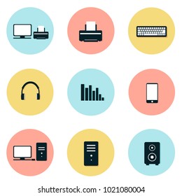 icon set gadget with computer, printer, keyboard, headphones, speaker and phone simple design, flat sign, vector and illustration