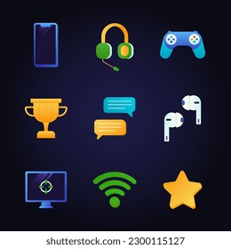 conjunto de iconos de la tecnología de herramientas de juego, trofeo, ilustración vectorial de diseño plano, auriculares, teléfono inteligente, wifi, computadora, joystick, accesorios de juegos y equipo informático profesional, conjunto de dispositivos de apoyo