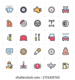 Icon set - garage and auto part outline stroke with color vector illustration on white background