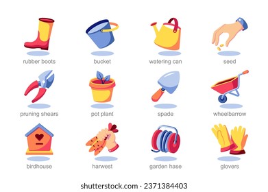 Icon set garden in flat cartoon style. Demonstration of gardening tools to adorable garden creatures, these icons bring the beauty of nature to life in a playful style. Vector illustration.