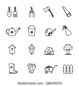 Icon set of garden tools and accessories. Vector illustration