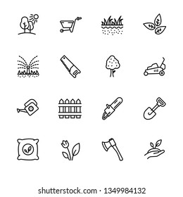 Icon set gardening, agriculture and horticulture. Contains such symbols gardening tools for growing plant in garden. Watering can, lawn, saw, ax, shovel and other