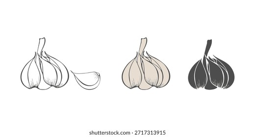 Icon set Garlic cloves hand drawn doodle, isolated on white background.