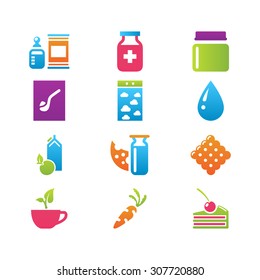 icon set gastronomy with sweets, dairy and vegetables