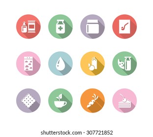 icon set gastronomy with sweets, dairy and vegetables in circul with long shadow