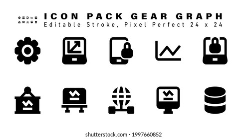 Icon Set Of Gear Graph Glyph Icons. Contains Such Icons As  Laptop Lock, Business Chart, Statistical Representation, Global Network Etc. Editable Stroke. 24 X 24 Pixel Perfect