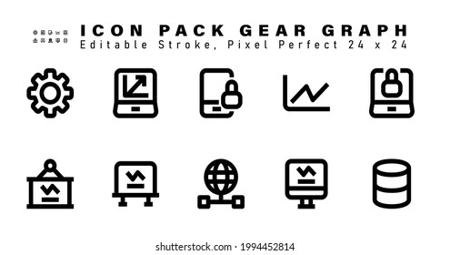 Icon Set Of Gear Graph Line Icons. Contains Such Icons As  Laptop Lock, Business Chart, Statistical Representation, Global Network Etc. Editable Stroke. 48x48 Pixel Perfect