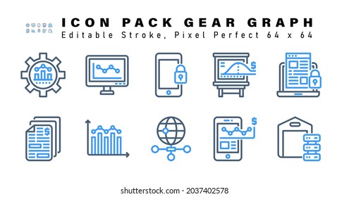 Icon Set of Gear Graph Two Color Icons. Contains such Icons as Laptop Lock, Business Chart, Graphic, Global Network etc. Editable Stroke. 64 x 64 Pixel Perfect