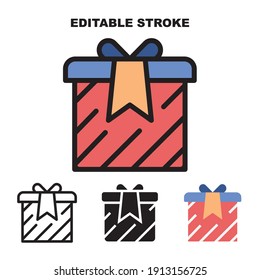 Icon set Gift with 4 different styles. Filled, outline, glyph and line colored. Editable stroke and pixel perfect.