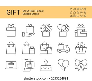 Icon set of gift box and package with purchases. Editable vector stroke.
