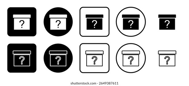 Icon set of gift box with a question symbol. Filled, outline, black and white icons set, flat style.  Vector illustration on white background