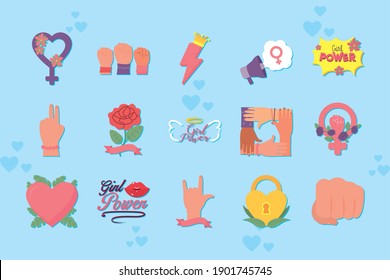 icon set of girl power concept over blue background, flat style, vector illustration