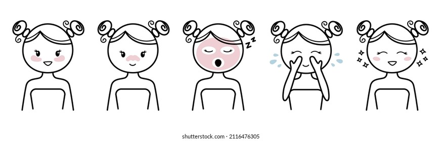 Icon set of girls doing beauty procedures: eye patches, nose pore strip, sheet mask, face wash. Facial skin care. Daily routine.