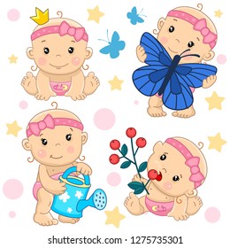 Icon set of girls kids for children and design, girl princess, catch a butterfly, water from a watering can, hold a branch with berries and eat them.