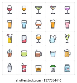 Icon Set - Glass And Beverage Outline Stroke Full Color Vector Illustration On White Background