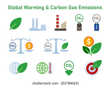 Icon Set Of Global Warming Carbon Gas Emissions Climate Change Co2 Tax Carbon Offset Neutral