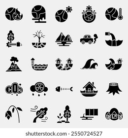 Icon set of global warming. Global warming elements. Icon in glyph style.