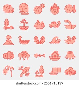 Icon set of global warming. Global warming elements. Icon in two tone style.