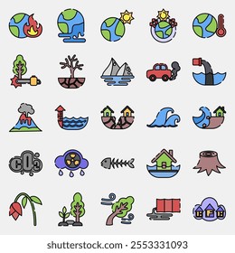 Icon set of global warming. Global warming elements. Icon in filled line style.