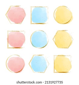 Icon set with gold frame and colorful watercolor touch.Vector data for easy editing.