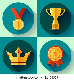 Icon set Golden symbols  awarding and victory - champion cup, crown, medal, badge ribbon. Flat design style.