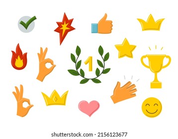 Icon set, good job symbols, school marks, icons for successful work and win