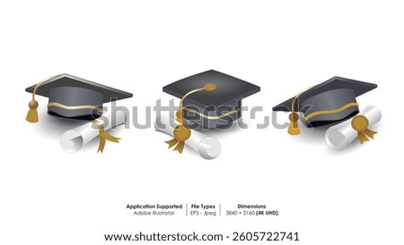 Icon set of graduation cap and diploma. Vector realistic education design element isolated on white background