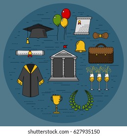 Icon set of graduation celebration. Graduation day. Vector. Illustration