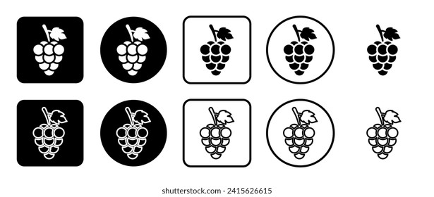 Icon set of grapes symbol. Filled, outline, black and white icons set, flat style.  Vector illustration on white background