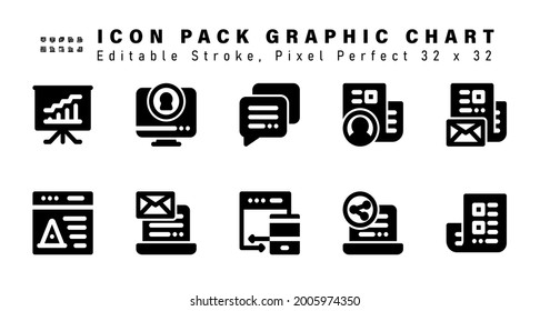 Icon Set of Graphic Chart Glyph Icons. Contains such Icons as Newsletter, Web Maintenance, Laptop Mail, Responsive Design etc. Editable Stroke. 32 x 32 Pixel Perfect