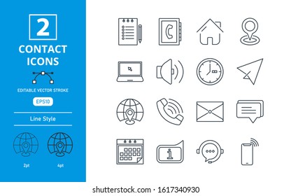 Icon Set graphic Contact Usdesign template vector. Contains such icon as message, chat, call, email, mail and more. Editable stroke