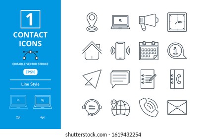 Icon Set graphic Contact Usdesign template vector. Contains such icon as message, chat, call, email, mail and more. Editable stroke