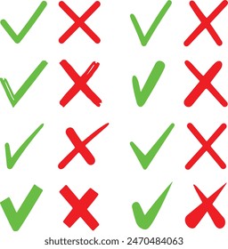 Icon set of green check mark and red wrong marks. Flat vector icon illustrations isolated on transparent background