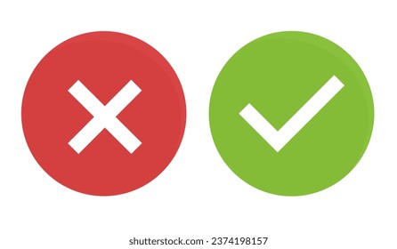 Icon set. Green checkmark, red X. Represent Dos and Don'ts, Good and Bad, Positive and Negative. Ideal for approval and rejection concepts. Green tick and red cross symbols in circle.  Editable vector