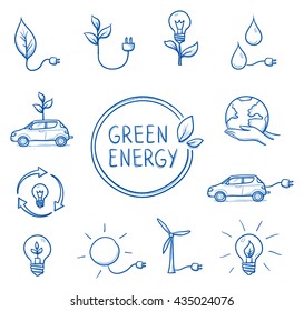 Icon set green energy, ecology, sustainability, with various objects, car, current, power plant, lightbulb, plant, leaf, water, globe. Hand drawn line art cartoon vector illustration.