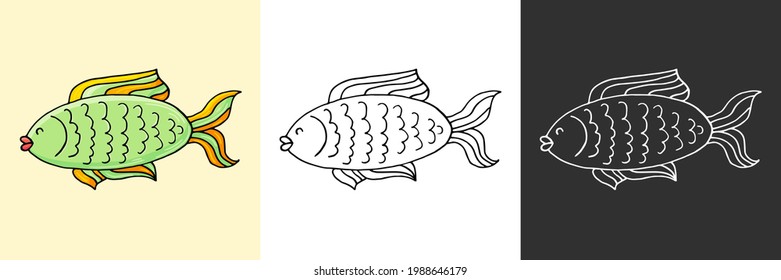 Icon set. Green fish. Marine theme icon in hand draw style. Icon, badge, sticker, print for clothes