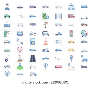 Icon set with ground transport aviation and water transportation on white background. 