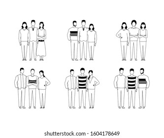 icon set of group of people standing over white background, vector illustration
