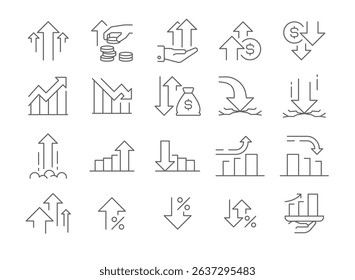 Icon Set of Growth Increase Arrow Cost Up and Down Market Trends Finance Stock Economy Profit and Loss Chart Performance Trade Money Rate Investment Flow Editable Stroke Outline Style