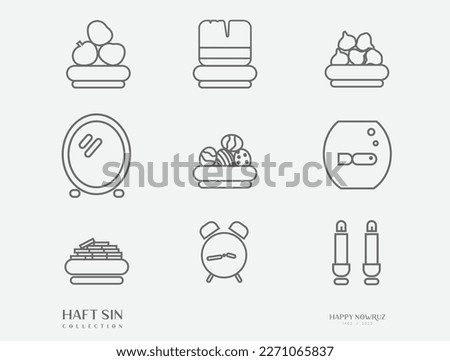 Icon Set of haft sin. new year 1402.Nowruz Greeting Card. Iranian celebration. Haft Sin is a symbol of life and freshness. greeting card of happy nowruz. Iranian new year banner.
