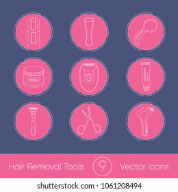 Icon set of hair removal tools. Flat style with delicate outline for web and print