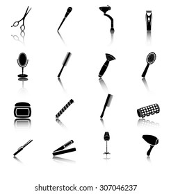 Icon set of hairdresser elements black silhouette . Flat style.