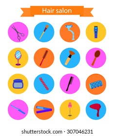 Icon set of hairdresser elements. Flat style.